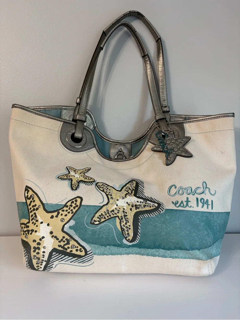 Coach RARE Vintage Starfish Beach Tote Bag Canvas Silver Metallic F19212